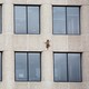 A raccoon climbs the side of a building