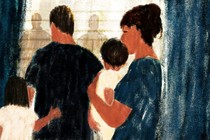 Illustration of a family peering out their window at shadowed, menacing figures