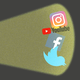An illustration of a flashlight illuminating social media company logos.