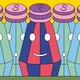 A group of saltshakers stare at a smiling pepper shaker.