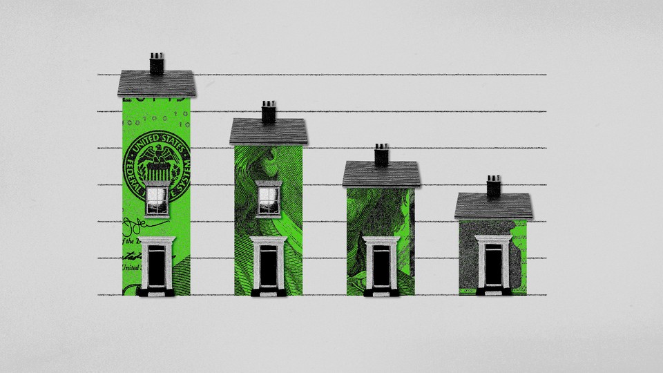 An illustration of houses made up of U.S. money