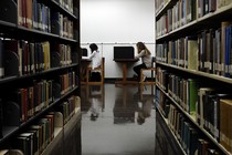 Students study in a library. 