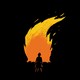 illustration of silhouette of woman standing before towering orange bonfire with yellow flames resembling Trump's head with blowing hair