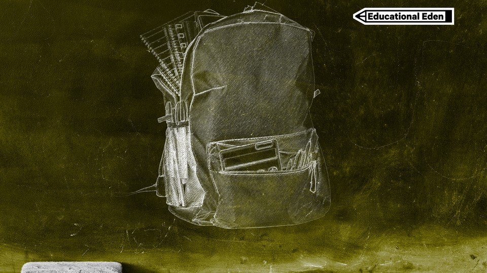 A chalkboard featuring a sketch of a backpack overflowing with notebooks, papers, and pens.