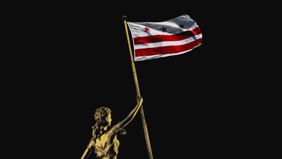 An illustration of a statue holding a DC flag.
