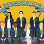 An illustration of a diverse group of students beneath a banner reading "Class of 2018"
