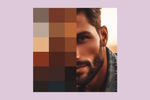 AI-generated image of an attractive man's face, half of which is pixelated