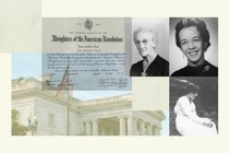 Collage of photographs of Karen Batchelor's ancestors and a certificate of induction in the DAR.