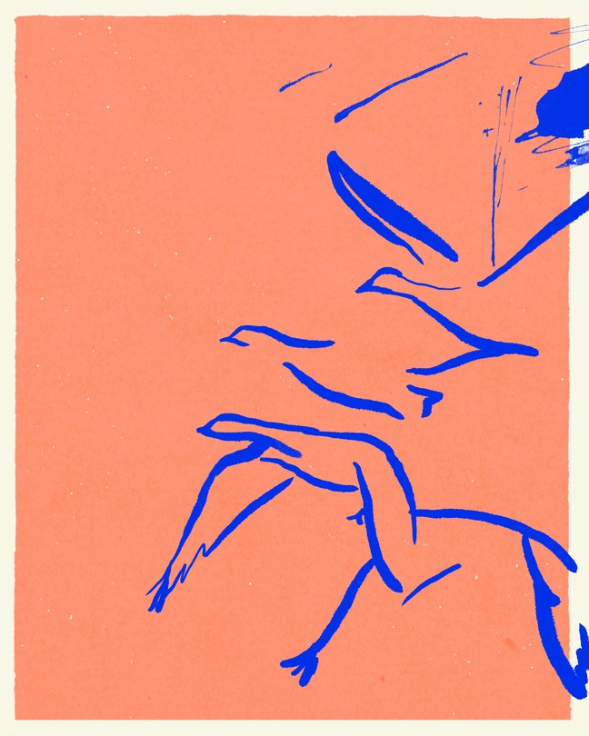 A painted depiction of birds flying in energetic brush strokes