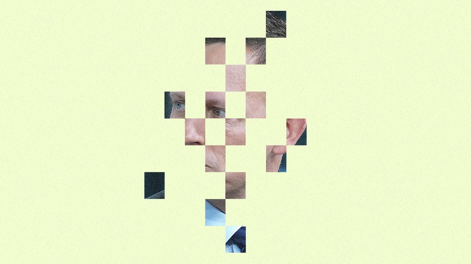 Illustration with greenish checkerboard of squares revealing photo of Peter Thiel