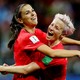 Alex Morgan (<i>left</i>) and Megan Rapinoe celebrate a goal during the World Cup match on Tuesday.