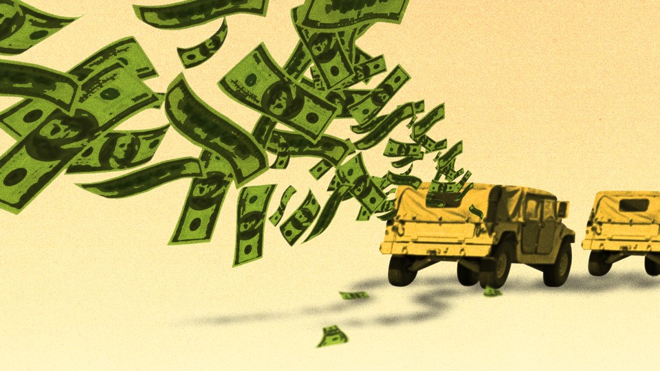 Money flying out the exhaust pipe of a National Guard vehicle