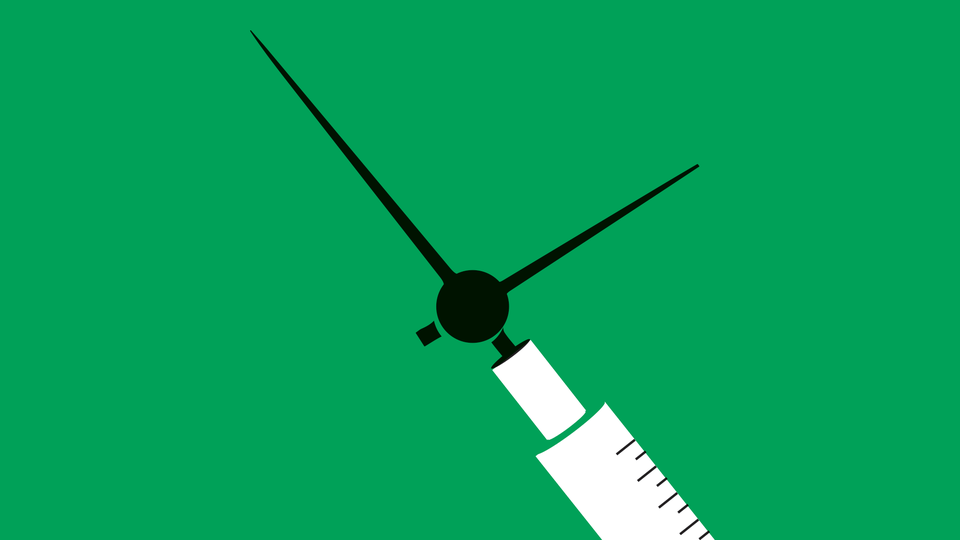 An illustration of a vaccine syringe with the needle made to look like a clock.
