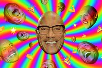 Illustration showing different facial expressions of the Rock, the background radiating colors