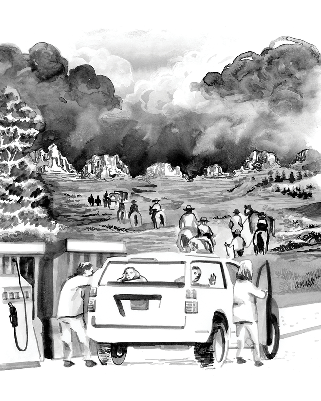 black-and-white pen-and-ink illustration of people and SUV at gas pump in front of horses and wagon train heading toward mesas with dark thunderclouds behind