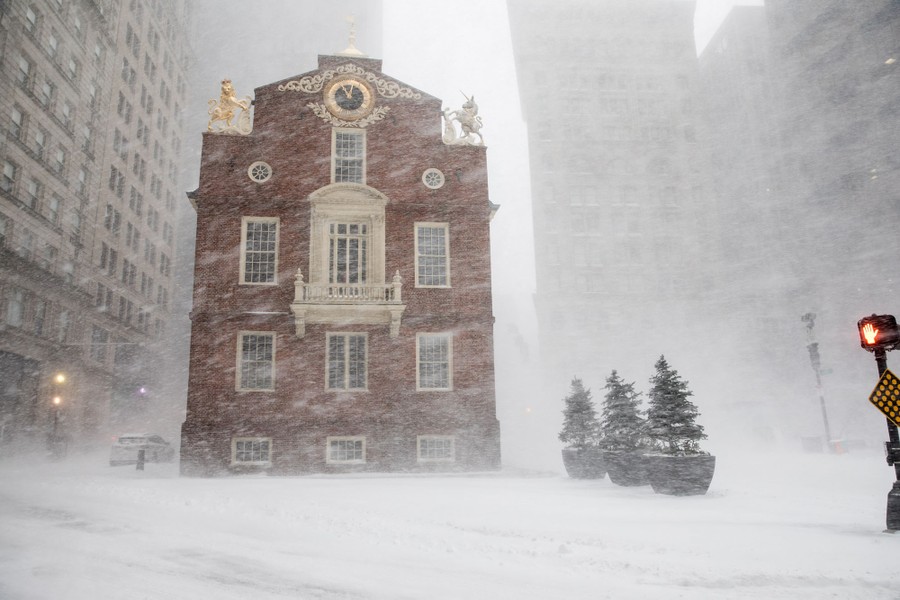 A historic building in Boston is seen during a winter storm.