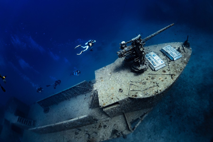 Several divers swim above a large shipwreck on the ocean floor.