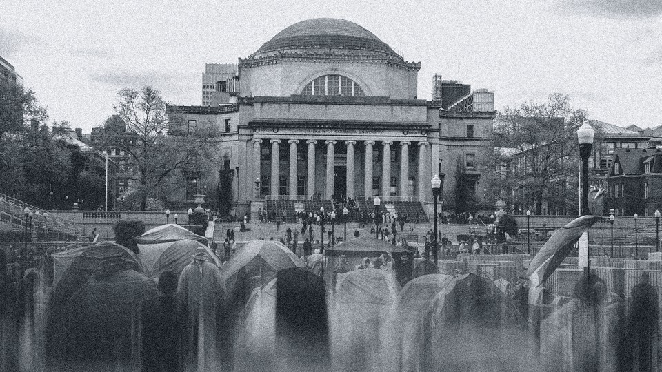 A black-and-white image of protester encampments on the Columbia University lawn.