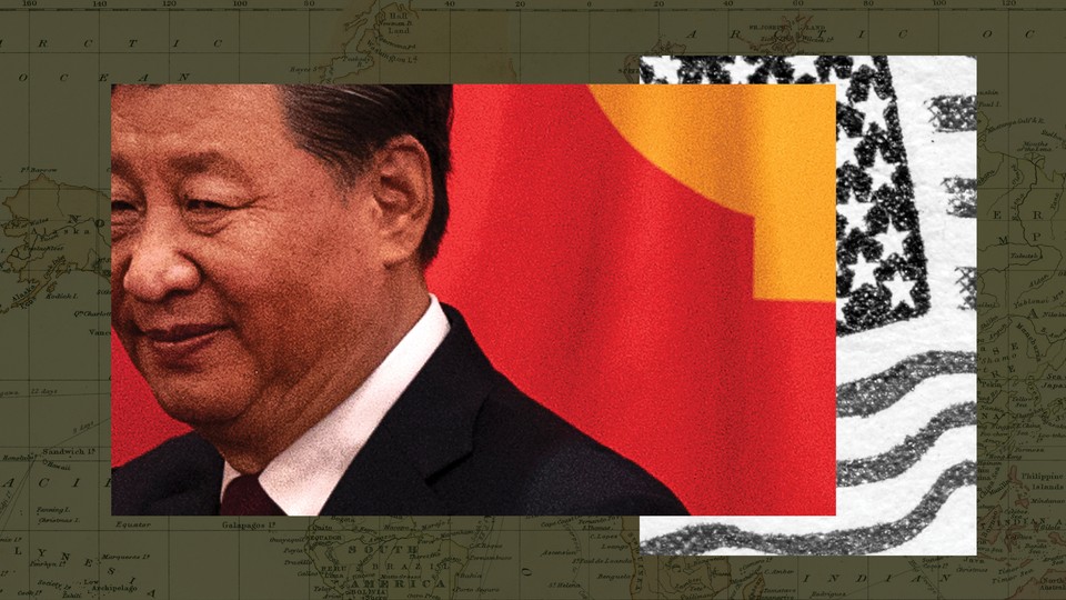 Collage of Xi Jinping, the Chinese and American flags, and an old world map