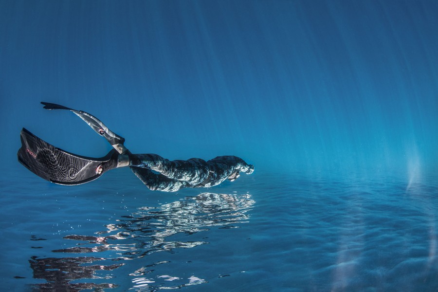 An upside-down view of a person swimming near the surface of the ocean.