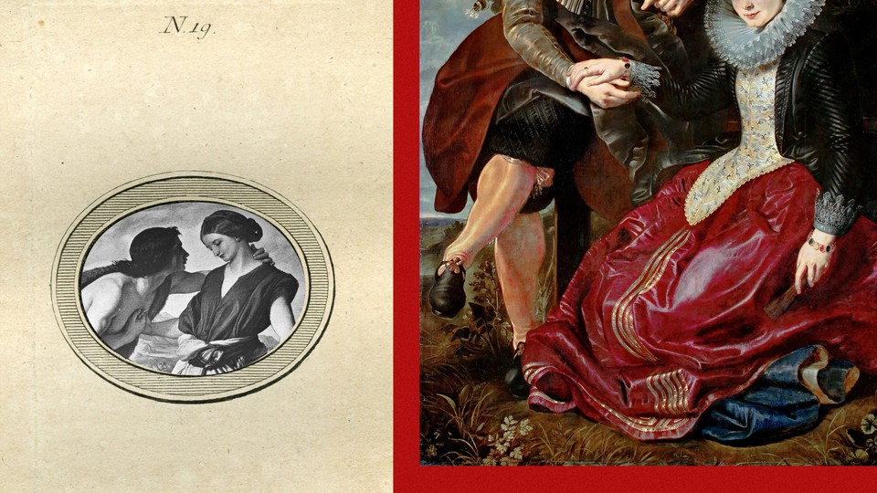 A collage of two older artworks depicting couples holding hands