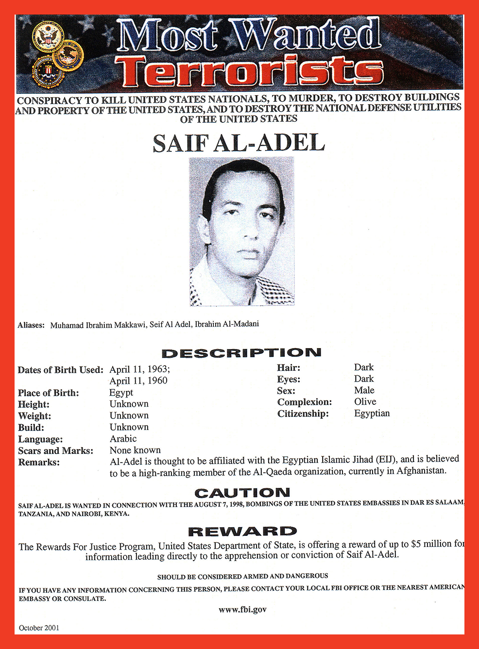 flyer with government seals of most wanted terrorists with photo and information on Saif al-Adel