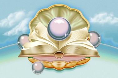 A book surrounded by pearls coming out of a bivalve