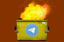 A dumpster fire with the Telegram logo superimposed