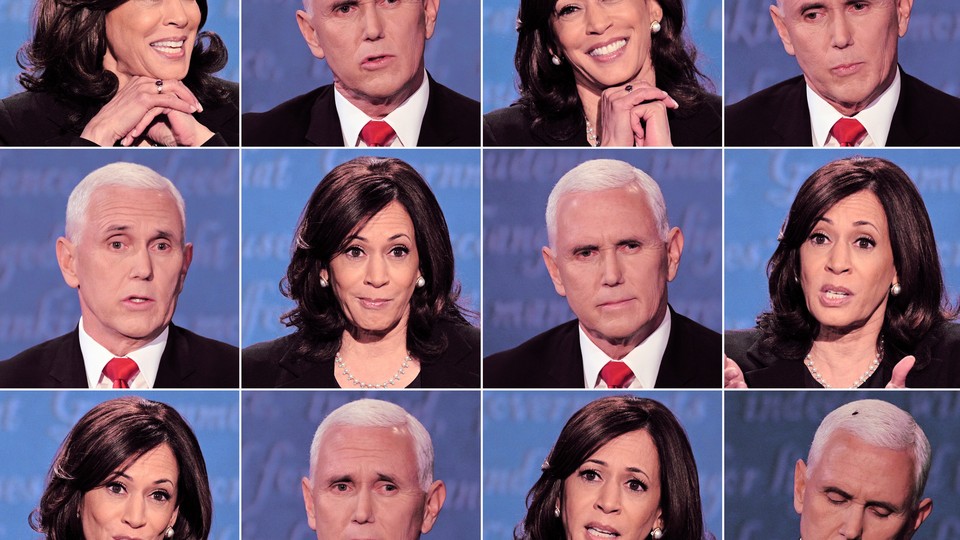 A series of Vice President Mike Pence's and Senator Kamala Harris's facial expressions during Wednesday night's debate