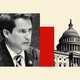 A black-and-white photo of Seth Moulton, one of the Capitol Building, and red bars