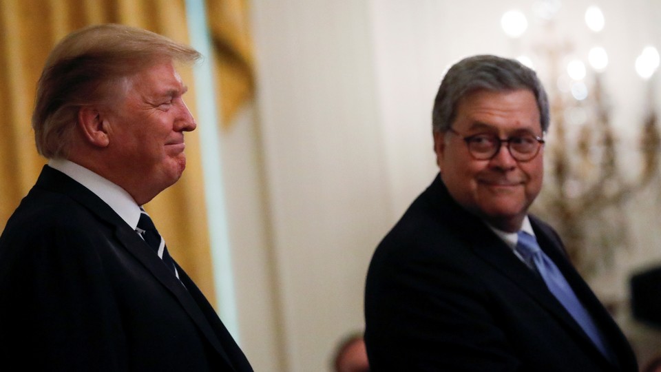 Bill Barr looks back and smiles at Donald Trump.