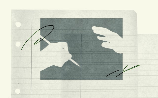 Sketch illustration of a hand writing in pencil on lined paper, with another hand guiding it from above