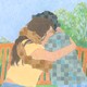An illustration of a woman hugging a pixelated figure on a park bench on a sunny day.