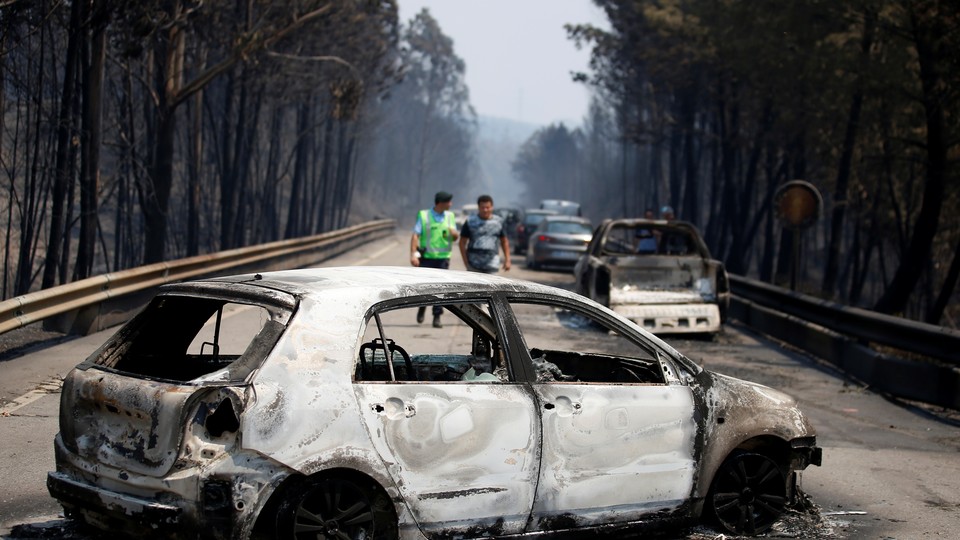 Burned cars are seen during a forest fire in Figueiro dos Vinhos.