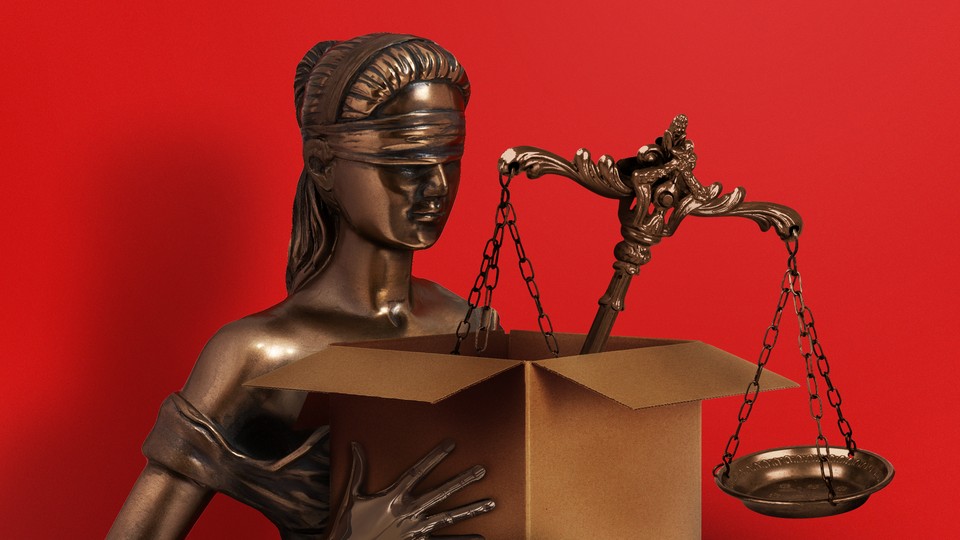 An illustration featuring a statue of a blindfolded woman (symbolizing justice) holding a cardboard box with a scale in it, suggesting she's been fired