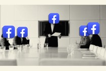 People sitting in a conference room, their faces covered by Facebook logos