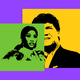 Pop art of Nicki Minaj and Tucker Carlson, on purple and green background