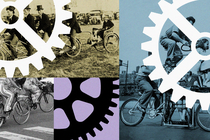 three photos of people riding bicycles with drawings of gears overlaying them