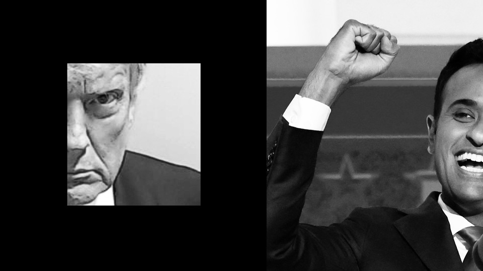 Trump's mug shot juxtaposed with a photo of Vivek Ramaswamy