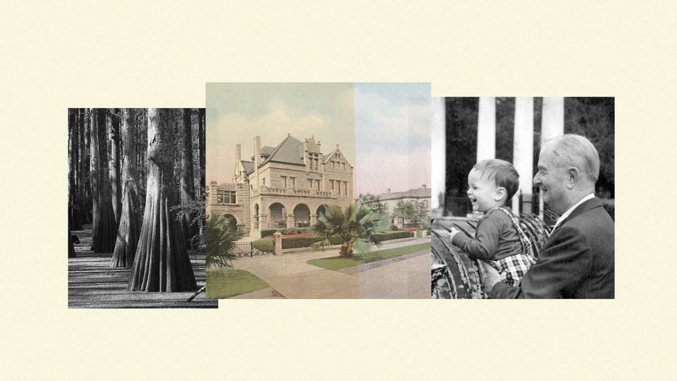 Collage of three photos: Big trees on the left, an illustration of a mansion in the middle, and a father and son on the right.