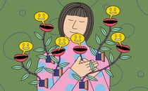 A woman holds her hands to her heart while plants grow out of her torso and release smiley-face speech bubbles.