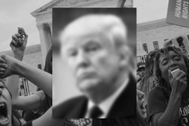 A photomontage featuring a blurry black-and-white photo of Donald Trump set amid a crowd of anti-abortion-rights campaigners