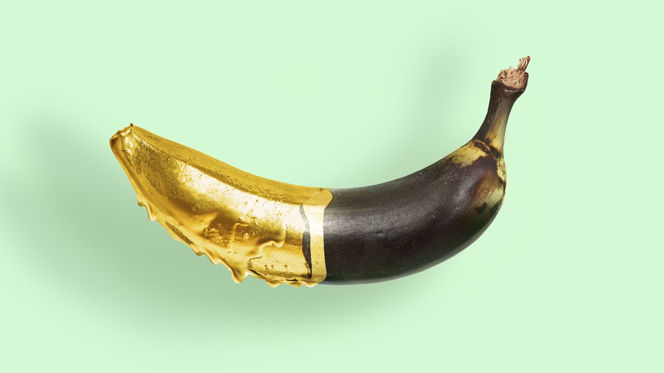 An illustration showing a rotten banana painted in gold
