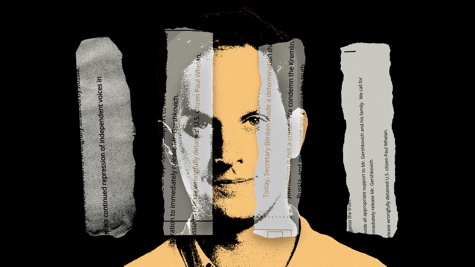 An illustration of the journalist Evan Gershkovich with strips of paper superimposed like bars