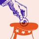A hand placing a blue coin with a dollar sign on it into a top hat with the American flag’s stars