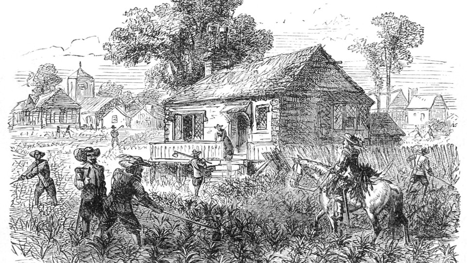 A black-and-white sketch of people cultivating tobacco on a Virginia farm in the 1600s