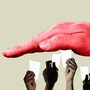 A white person's hand looms over the hands of people of color holding ballots.