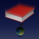 a book hovering over a globe with a British flag sticking out of it