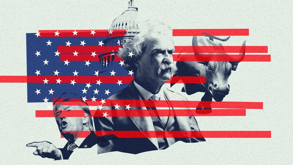 An illustration with black-and-white cut outs of Mark Twain (center), the U.S. Capitol building, Donald Trump speaking, and a bull over a parchment background with a deconstructed American flag.