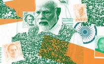 A collage with an image of Modi and other Indian leaders, and the word "democracy" struck through